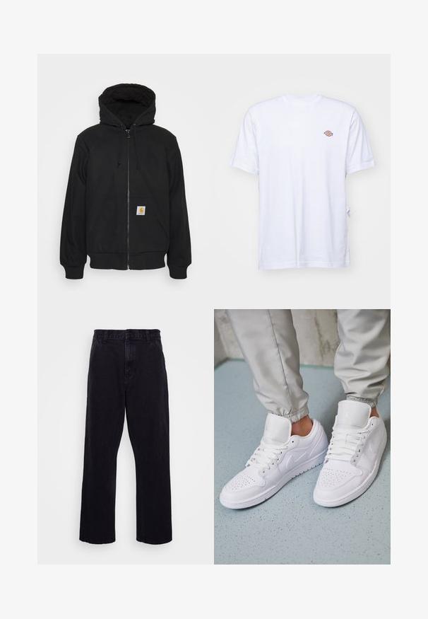 Sudadera con cremallera negra y capucha acolchada, con cordones y bolsillos delanteros. Presenta un parche con el logo en el bolsillo izquierdo y puños de canalé.; Camiseta de algodón blanca con cuello en V y mangas cortas. Presenta un pequeño logo bordado de colores en el lado izquierdo del pecho. Textura suave.; Pantalones de mezclilla negros con un diseño de pierna recta, que cuentan con un cierre de botón y cremallera, presillas para cinturón y detalles de costura mínimos.; Las zapatillas deportivas de cuero blanco cuentan con una caja de dedos perforada, cordones planos, un cuello acolchado y el logo de Jordan en la lengüeta. Las llevan puestas con pantalones joggers grises.