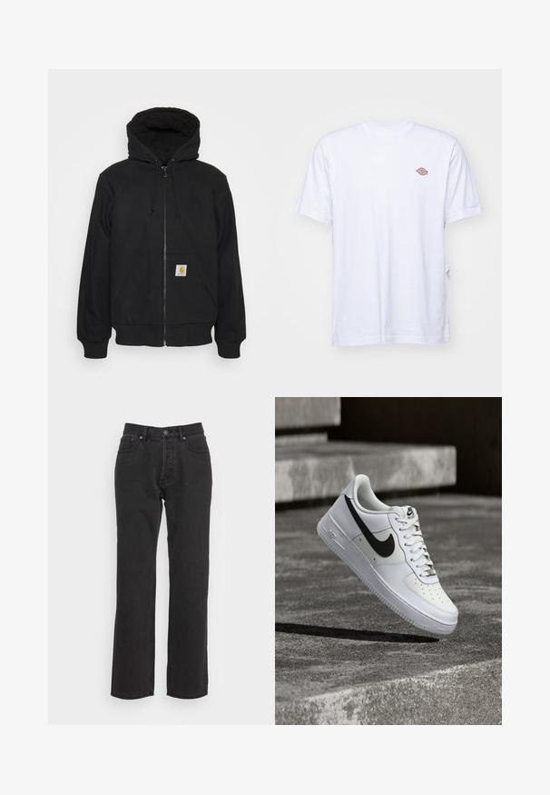 Sudadera con cremallera negra y capucha acolchada, con cordones y bolsillos delanteros. Presenta un parche con el logo en el bolsillo izquierdo y puños de canalé.; Camiseta de algodón blanca con cuello en V y mangas cortas. Presenta un pequeño logo bordado de colores en el lado izquierdo del pecho. Textura suave.; Jeans de denim negro con un diseño de pierna recta, que cuentan con un cierre de botón frontal, lazos para cinturón y dos bolsillos laterales. Tejido texturizado.; Zapatilla blanca Nike Air Force 1 con el logo Swoosh negro, cordones atados, posicionada en el aire sobre una superficie de concreto texturizado al aire libre.