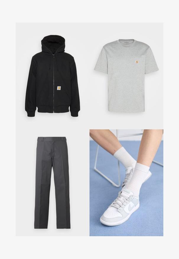 Haut de hoodie zippé noir avec capuche matelassée, cordons de serrage et poches avant. Présente un patch logo sur la poche gauche et des poignets côtelés.; T-shirt en coton gris à manches courtes et col rond. Présente une poche sur la poitrine gauche et un petit logo de marque orange sur la poche.; Pantalon gris foncé à jambes droites avec un devant plat et sans poches visibles, présenté sur un fond blanc uni.; Baskets blanches avec des accents bleu clair, tige en cuir, bout perforé, lacets épais et chaussettes blanches côtelées sur fond bleu.