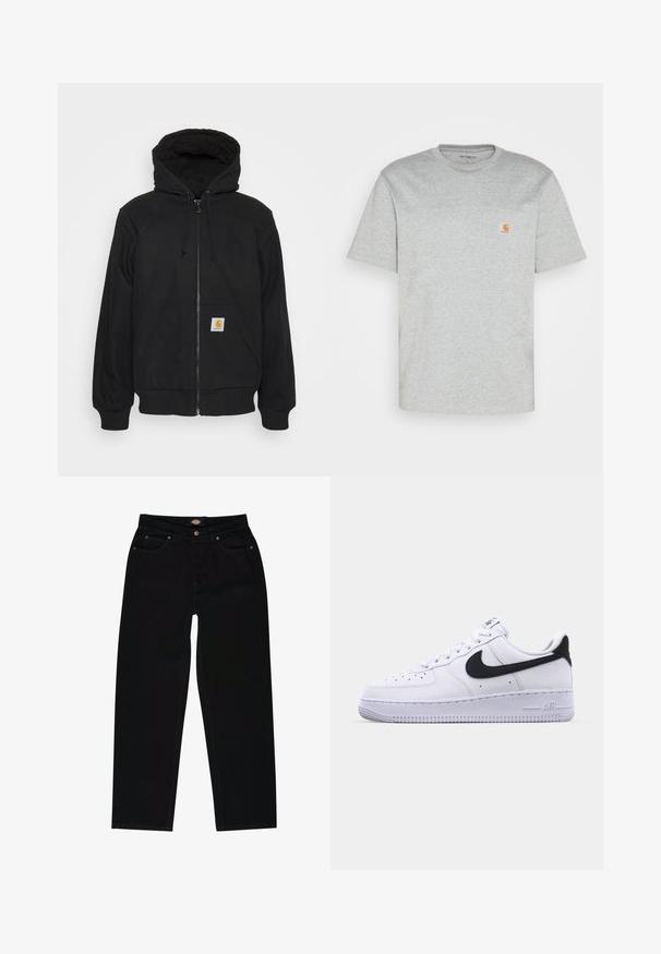 Sort zip-hætte med quitte hætte, snore og frontlommer. Har et logo-patch på den venstre lomme og ribbede manchetter.; Grå bomulds T-shirt med korte ærmer og rund halsudskæring. Har en lomme på venstre bryst og et lille mærkelogo i orange på lommen.; Sorte denim jeans med lige pasform, der har fem lommer, brun syning og lynlåslukning. Glat tekstur og holdbart materiale.; Hvide lædersneakers med en struktureret sort Swoosh, flade snørebånd og en gummisål med et rillemønster. "AIR" er præget på hælen.