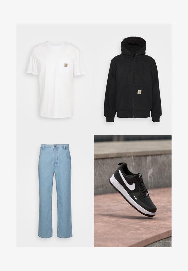 Schwarze Zip-Jacke mit einer gesteppte Kapuze, Kordelzügen und Fronttaschen. Enthält ein Logo-Patch auf der linken Tasche und gerippte Bündchen.; Weißes Baumwoll-T-Shirt mit kurzen Ärmeln, einer Brusttasche und einem kleinen quadratischen Logopatch in Orange und Weiß auf der Tasche.; Helle blaue Denim-Jeans mit geradem Bein, ausgestattet mit einem Knopfverschluss, Gürtelschlaufen und zwei Vorderstaschen.; Schwarz-weißer Nike Air Force 1 Sneaker, der über einer rosa Betonfläche mit grauem Stein-Hintergrund schwebt.
