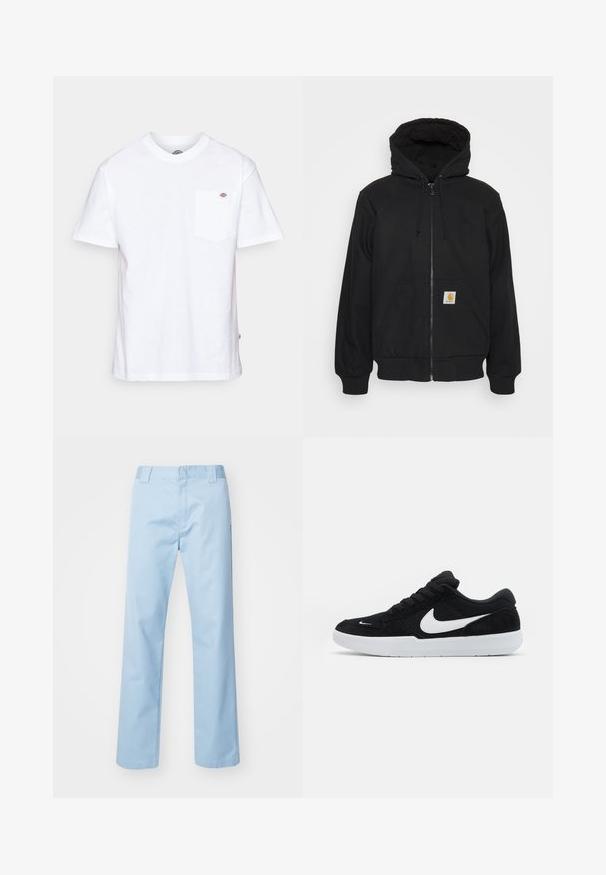 Sort zip-hætte med quitte hætte, snore og frontlommer. Har et logo-patch på den venstre lomme og ribbede manchetter.; Hvid bomulds t-shirt med rund halsudskæring, korte ærmer og en brystlomme med et lille mærke-logo på venstre side.; Lyseblå lige bukser lavet af en blanding af bomuldsstof. Har en flad frontlinning, sidelommer og ingen synlige mønstre eller udsmykninger.; Sorte ruskindssneakers med hvide accenter, der har en rund tå, tyk hvid sål og sorte snørebånd. Fremtrædende hvidt Nike-logo på siden.