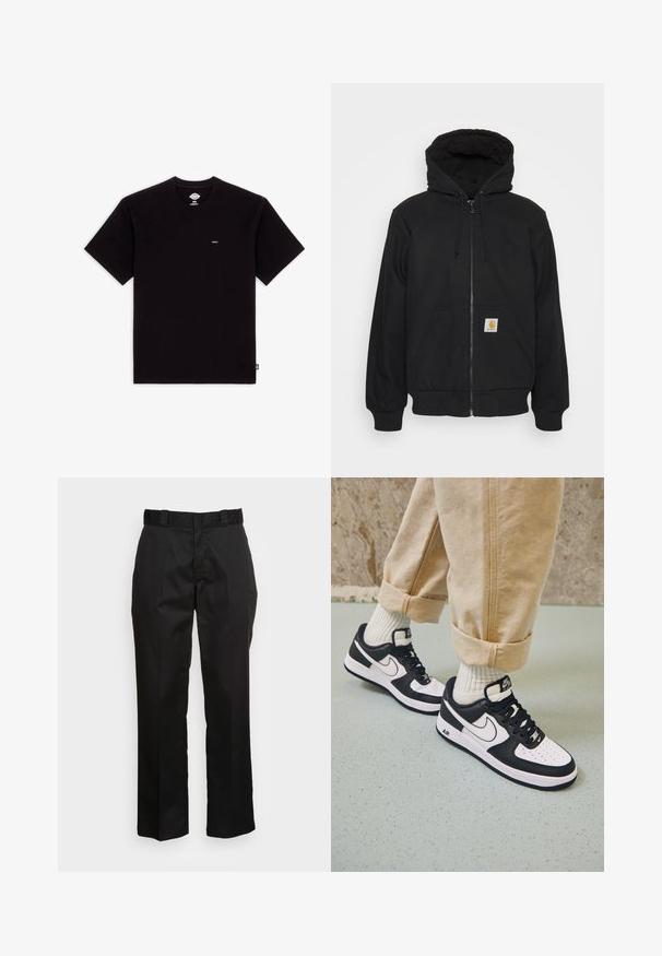 Sudadera con cremallera negra y capucha acolchada, con cordones y bolsillos delanteros. Presenta un parche con el logo en el bolsillo izquierdo y puños de canalé.; Camiseta de algodón negra con mangas cortas, cuello redondo, presenta una pequeña etiqueta de logo en el pecho y un diseño liso sin patrones ni acentos.; Pantalones negros hechos de una tela suave, con un diseño de pierna recta, trabillas para cinturón y dos bolsillos laterales. Un aspecto clásico sin adornos.; Zapatillas Nike Air Force 1 en blanco y negro con parte superior de cuero, puntera perforada y detalle de suela texturizada, combinadas con pantalones beiges remangados y calcetines blancos.