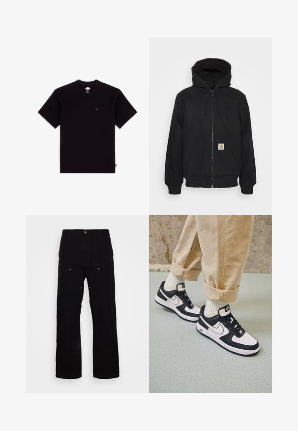 Schwarze Zip-Jacke mit einer gesteppte Kapuze, Kordelzügen und Fronttaschen. Enthält ein Logo-Patch auf der linken Tasche und gerippte Bündchen.; Schwarzes Baumwoll-T-Shirt mit kurzen Ärmeln, Rundhalsausschnitt, verfügt über ein kleines Logoschild auf der Brust und hat ein schlichtes Design ohne Muster oder Akzente.; Schwarze Denim-Hosen mit geradem Bein, ausgestattet mit goldenen Hardware-Akzenten und sichtbaren Nähten an den Vorder- und Gesäßtaschen.; Schwarz-weiße Nike Air Force 1 Sneaker mit einem Obermaterial aus Leder, perforierter Zehenpartie und strukturiertem Sohlendesign, getragen mit aufgerollten beigen Hosen und weißen Socken.
