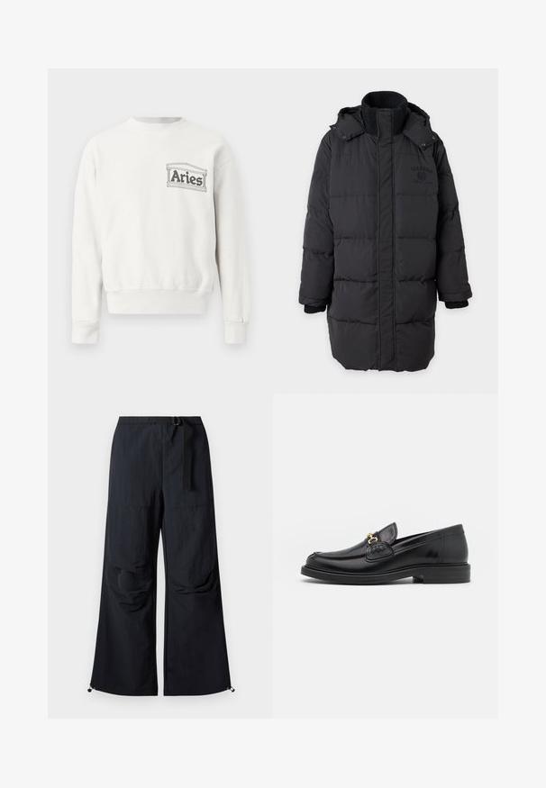 Manteau d'hiver long rembourré noir avec col en maille haute et capuche, présentant un logo discret sur la poitrine et des poignets côtelés.; Sweat-shirt blanc à manches longues, col rond, avec un petit logo noir « Bélier » encadré par des colonnes sur le côté gauche de la poitrine.; Pantalon noir à jambes larges en tissu léger. Dispose d'une ceinture, de deux grandes poches latérales et d'ourlets ajustables avec fermetures à cordon.; Mocassins en cuir noir avec un embout rond, présentant des accents en métal doré et des détails de couture, montés sur une semelle en caoutchouc texturé et basse.