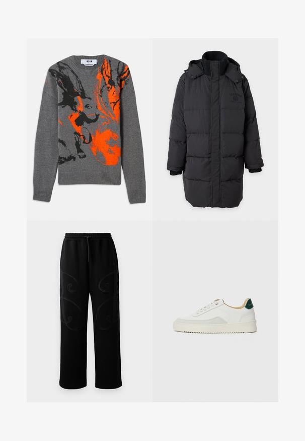 Manteau d'hiver long rembourré noir avec col en maille haute et capuche, présentant un logo discret sur la poitrine et des poignets côtelés.; Pull en tricot gris avec un design abstrait contrasté en orange et noir. Encolure ronde et poignets et ourlet côtelés. Texture douce.; Pantalons de jogging noirs avec une coupe décontractée, présentant des motifs de couture tourbillonnants complexes sur les côtés et une ceinture élastique avec cordon de serrage.; Baskets blanches avec des accents en daim, bout arrondi, lacets plats et semelle en caoutchouc crème. Présente une marque verte sur le talon.