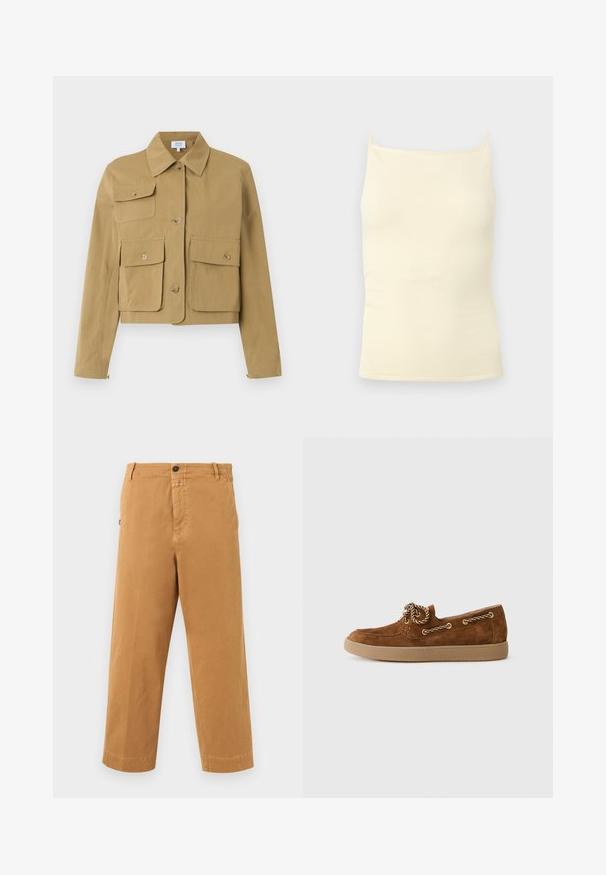 Beige kort jasje met knopen aan de voorkant, drie klepzakken met knopen en een klassieke kraag.; Roomkleurige geribbelde gebreide camisetetop met dunne bandjes en een rechte halslijn op een neutrale achtergrond.; Bruine casual broek met rechte pijpen, riemlussen, knoopsluiting en zijzakken tegen een witte achtergrond.; Bruine suède loafer met een ronde neus, contrasterende tan rubberen zool en decoratieve goudkleurige touwveters aan de zijkant.