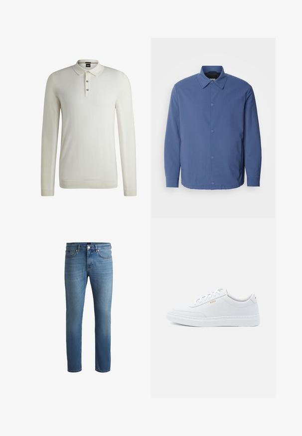 Lyseblå knaplukket jakke med krave, lange ærmer og frontlommer. Fremstillet af glat, holdbart stof med minimalistisk design.; BOSS LANCIONE - Striktrøje - open white eleven; Lyseblå denim jeans med almindelig pasform, der har en glat tekstur, fem-lommers design og en lynlåsåbning med knaplukning.; Hvide lædersneakers med glat tekstur, rund tå og ton-i-ton syning. Har blå snørebånd og et gult logo på siden.