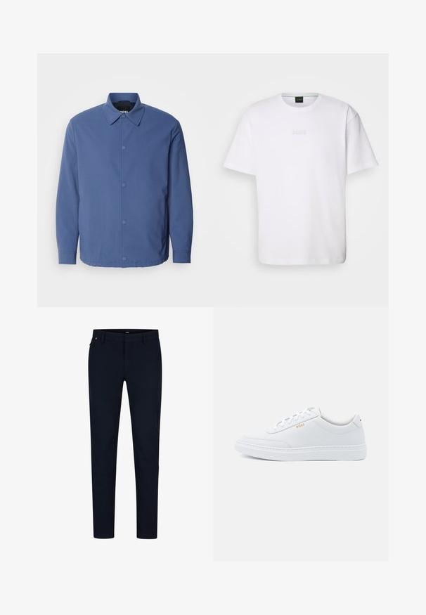 Lyseblå knaplukket jakke med krave, lange ærmer og frontlommer. Fremstillet af glat, holdbart stof med minimalistisk design.; Hvid bomulds T-shirt med korte ærmer, rund halsudskæring og præget "BOSS" logo på brystet. Glat tekstur, standard pasform.; Marinebukser lavet af glat stof, med en slim fit, bæltestropper og en skjult lynlås. Ingen bemærkelsesværdige mønstre eller accenter.; Hvide lædersneakers med glat tekstur, rund tå og ton-i-ton syning. Har blå snørebånd og et gult logo på siden.
