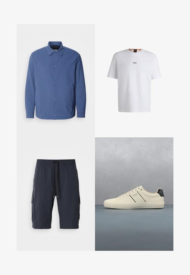Lichtblauwe button-up jas met een kraag, lange mouwen en voorzakken. Gemaakt van glad, duurzaam materiaal met een minimalistisch ontwerp.; Witte katoenen T-shirt met korte mouwen, voorzien van een zwart "BOSS"-logo in het midden van de borst en een ronde halsontwerp.; Marine cargoshorts met een elastische tailleband, een trekkoord aan de voorkant, zijzakken en een gladde textuur. Duurzaam materiaal, geschikt voor casual dragen.; Crème-kleurige sneakers met een gladde textuur, voorzien van zwarte accenten en branding. Tijdloos vetersysteem met een ronde neus en rubberen zool.
