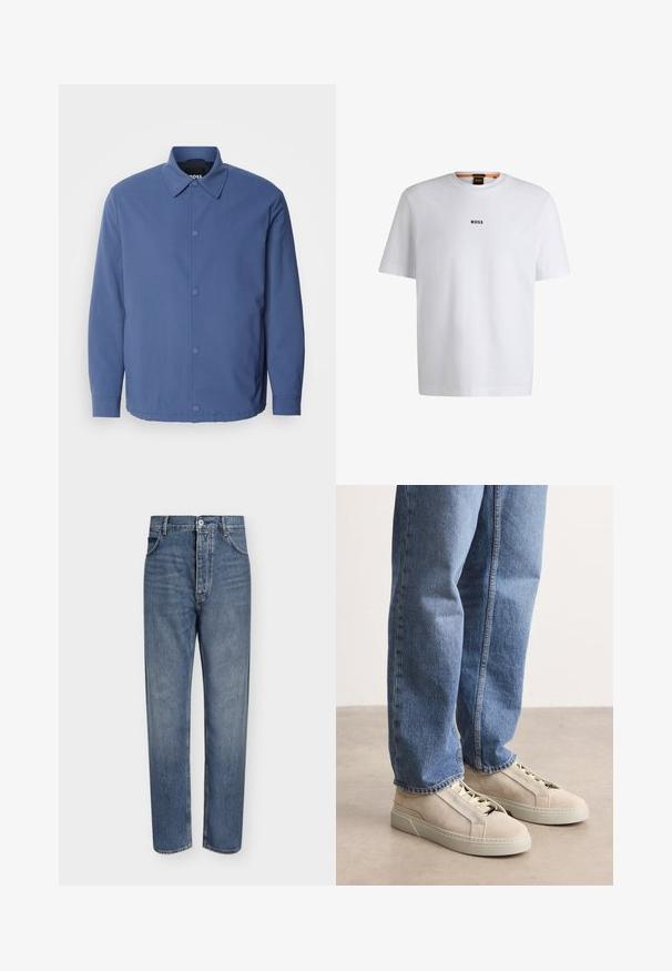 Lichtblauwe button-up jas met een kraag, lange mouwen en voorzakken. Gemaakt van glad, duurzaam materiaal met een minimalistisch ontwerp.; Witte katoenen T-shirt met korte mouwen, voorzien van een zwart "BOSS"-logo in het midden van de borst en een ronde halsontwerp.; Blauwe denim jeans met rechte pijpen, hoge taille, knoopsluiting aan de voorkant en vijfzakkenontwerp op een effen lichte achtergrond.; BOSS GARYTENN_SDHDEL - Sneakers laag - natural ten