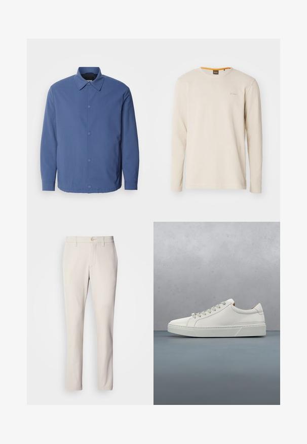 Lyseblå knaplukket jakke med krave, lange ærmer og frontlommer. Fremstillet af glat, holdbart stof med minimalistisk design.; Lys beige langærmet t-shirt lavet af struktureret stof. Har en rund hals og et lille logo på brystet med en orange detalje indeni kraven.; Beige bukser med slim fit, der har en frontknaplukning, flad frontdesign og lige ben, lavet af glat bomuldsblandingsstof.; Hvid lædersneaker med rund tå, minimalistisk design, grå snørebånd og en tekstureret grå gummisål. Subtile syningsdetaljer er synlige.