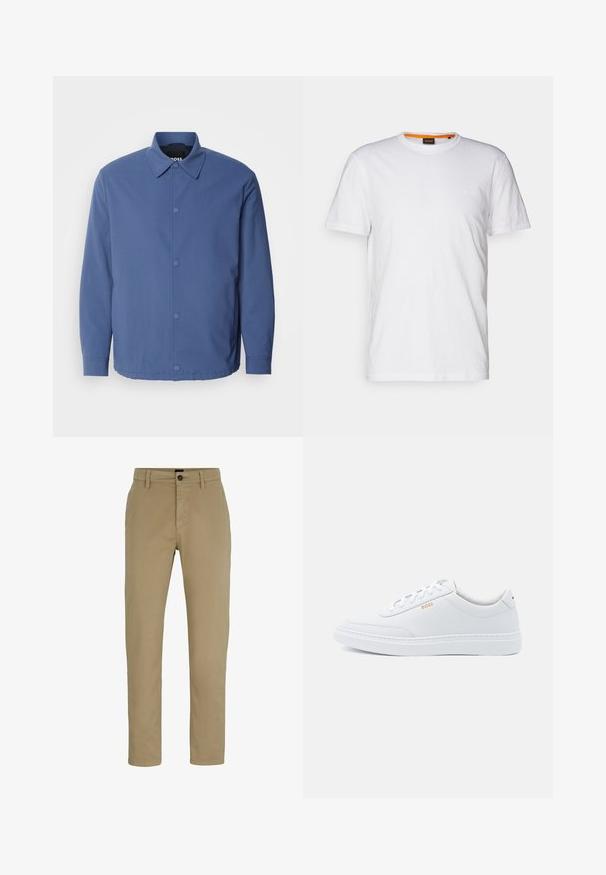 Lyseblå knaplukket jakke med krave, lange ærmer og frontlommer. Fremstillet af glat, holdbart stof med minimalistisk design.; Hvid bomulds T-shirt med rund hals, korte ærmer og et subtilt præget logo på brystet. Indvendigt mærke har en orange detalje.; Beige bomulds chinos med slim-fit, flad front og knaplukning. Har bæltestropper og sidelommer for funktionalitet.; Hvide lædersneakers med glat tekstur, rund tå og ton-i-ton syning. Har blå snørebånd og et gult logo på siden.