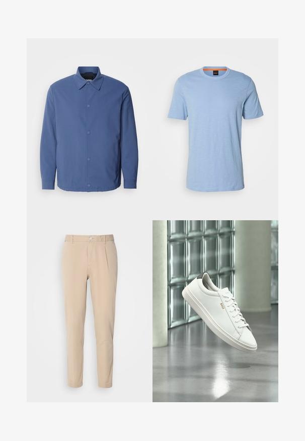 Hellblaues, knöpfbares Jackett mit Kragen, langen Ärmeln und Vordertaschen. Hergestellt aus glattem, strapazierfähigem Stoff mit minimalistischer Gestaltung.; Hellblaues T-Shirt mit kurzen Ärmeln aus weichem Material. Es verfügt über einen Rundhalsausschnitt und ein dezentes, eingeprägtes Logo auf der Brust.; Beige Hosen mit schmaler Passform, aus gewebtem Material. Sie verfügen über einen einzelnen Knopfverschluss, eine gefalte Vorderseite und gerade Beine.; Weißer Leder-Low-Top-Sneaker mit Schnürsenkeln, schwarzer Fersenschlaufe und „BOSS“-Logo, der drinnen nahe einer Glassteinwand und einem polierten Boden schwebt.