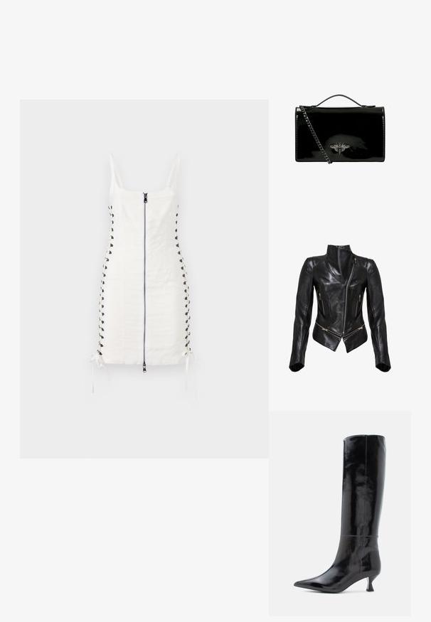 Veste de moto en cuir noir au design ajusté, fermeture éclair frontale asymétrique, deux poches zippées et col haut. Texture lisse.; Robe ajustée blanche avec fermeture éclair à l'avant et détails en dentelle sur les côtés. Elle présente des liens ajustables à l'ourlet et des bretelles fines. Texture de tissu lisse.; Bottes en cuir noir, montantes jusqu'au genou, avec une finition brillante, un bout pointu et un petit talon carré. Texture lisse, détails de couture minimalistes.; Sac à main en cuir verni noir avec une bandoulière en chaîne, arborant un emblème décoratif en métal en forme d'abeille sur le devant. Forme rectangulaire avec finition brillante.