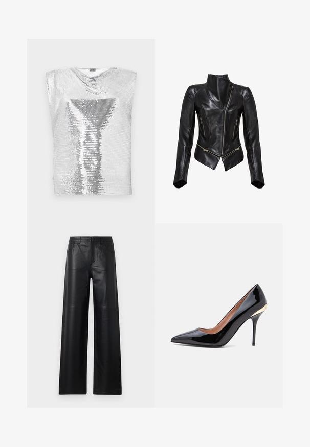 Zwarte leren motorjack met een aangesloten ontwerp, asymmetrische ritssluiting aan de voorkant, twee ritszakken en een hoge kraag. Glad van textuur.; Rabanne Top - silver-coloured; Zwarte leren broek met wijde pijpen en een gladde textuur, voorzien van voorzakken, een knoopsluiting en subtiele stiksels.; Zwarte lakleren pump met een spitse neus, een smalle stilettohak en een gouden accent bij de hielkap.