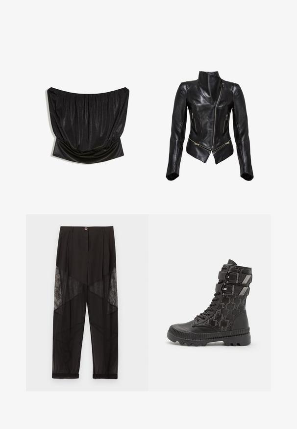Veste de moto en cuir noir au design ajusté, fermeture éclair frontale asymétrique, deux poches zippées et col haut. Texture lisse.; Haut noir en satin sans bretelles avec des détails froncés et une taille cintrée.; Pantalon noir transparent avec panneaux en dentelle sur les cuisses, poignets élastiqués, fermeture avant par boutons et taille plissée.; Bottes de combat noires avec une tige texturée arborant un motif pied-de-poule, deux sangles ajustables et une semelle robuste.