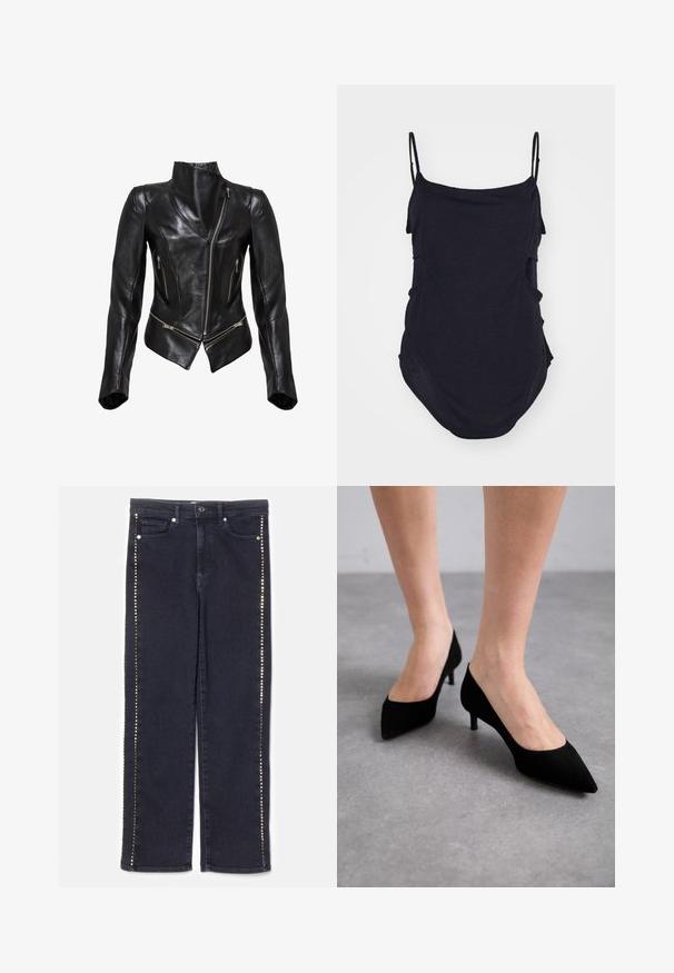Veste de moto en cuir noir au design ajusté, fermeture éclair frontale asymétrique, deux poches zippées et col haut. Texture lisse.; Haut sans manches noir avec des bretelles fines, fabriqué en tissu doux. Présente des côtés drapés et un ourlet arrondi pour un ajustement décontracté.; Jean en denim foncé avec une coupe droite, ornée d'une rangée de clous métalliques le long des coutures latérales, apportant un accent distinctif.; Talons aigus en daim noir avec un talon moyen slim et classique, et une large ouverture, présentés sur des pieds nus sur un fond gris.