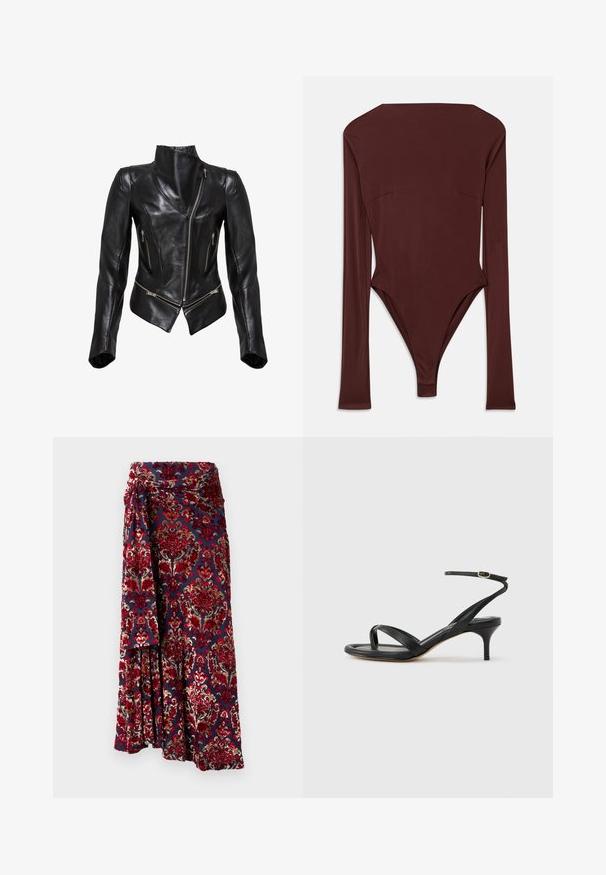 Schwarze Leder-Motorradjacke mit tailliertem Design, asymmetrischem Frontreißverschluss, zwei Reißverschlusstaschen und hohem Kragen. Glatte Textur.; Dunkelbrauner Langarm-Bodysuit mit hohem Kragen und taillierter Silhouette, flach auf einem weißen Hintergrund ausgelegt.; Rabanne Maxirock - tapestry/navy/burgundy/red/cream; Schwarze Ledersandale für Damen mit dünnen Riemchen, einer Zehenlasche, einer Knöchelschnalle und einem mittelhohen Stöckelabsatz vor neutralem Hintergrund.