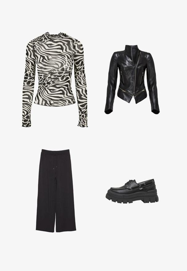Veste de moto en cuir noir au design ajusté, fermeture éclair frontale asymétrique, deux poches zippées et col haut. Texture lisse.; T-shirt à manches longues avec un col montant, présentant un motif zèbre noir et blanc sur un tissu transparent. Accents froncés au col et aux poignets.; Pantalon noir à jambes larges avec ceinture élastique et cordon de serrage, fabriqué en tissu doux.; Chaussure bateau en cuir noir à semelle épaisse, avec un gros profil, lacets à l’avant, détail de laçage latéral et étiquette de marque sur le côté.