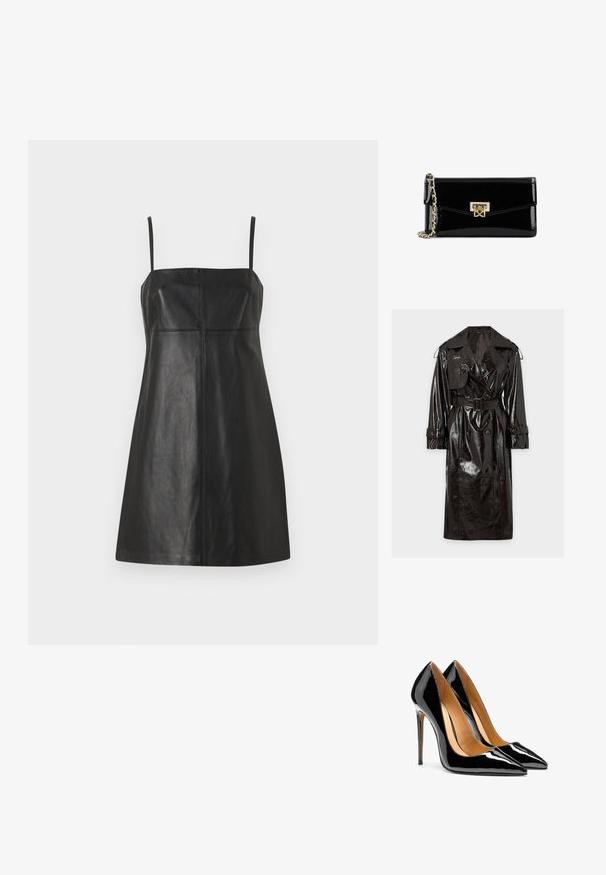 Abrigo trench de charol negro brillante con solapas anchas, botones de doble botonadura, cintura con cinturón y correas abotonadas en los puños.; Vestido negro de cuero con tirantes finos, corsé ajustado y forma en A. Presenta costuras verticales para estructura y una textura suave.; Par de tacones altos de charol negro brillante con punta afilada, tacones de aguja y forro interior color beige sobre fondo blanco.; Bolso de mano de charol negro con cierre rectangular dorado y correa de cadena sobre fondo blanco.