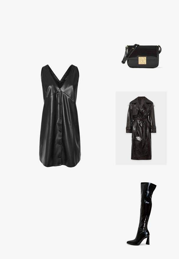 Abrigo trench de charol negro brillante con solapas anchas, botones de doble botonadura, cintura con cinturón y correas abotonadas en los puños.; Vestido negro sin mangas de cuero sintético con escote en V, botonadura en la parte frontal y dobladillo ligeramente acampanado.; Botas hasta el muslo de charol negro con punta afilada, tacón cuadrado y textura lisa y brillante. No tienen herrajes visibles.; Bolso bandolera de cuero negro con correa ajustable y placa de logo cuadrada dorada en la solapa delantera.