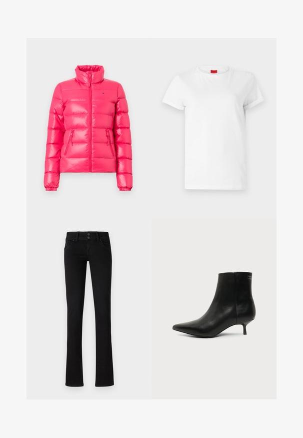 Vatteret jakke i klar pink med høj krave, lynlås foran og elastiske manchetter. Har to lynlåslommer i siden. Skinnende, glat tekstur.; Hvid kortærmet t-shirt lavet af letvægts bomuld. Har en rund halsudskæring og rullede ærmer. Rød logoetiket på kraven.; Sort slim-fit jeans med to frontlommer, bæltestropper og dobbelt knaplukning, præsenteret på en ensfarvet hvid baggrund.; Sort læder ankelstøvle med spids tå og lav kitten hæl på lys baggrund, der viser yderside.
