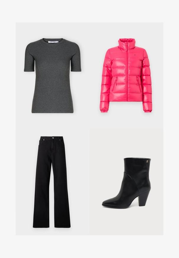 Veste matelassée de couleur rose vif avec un col montant, une fermeture éclair à l'avant et des poignets élastiques. Comprend deux poches latérales zippées. Texture brillante et lisse.; T-shirt tricoté gris foncé à manches courtes, col rond, coupe ajustée et design uni présenté sur fond blanc.; Jean large noir en denim avec un design à cinq poches, fermeture à bouton à l'avant et détails de couture subtils.; Bottine en cuir noir à bout pointu, talon carré et petit logo doré près du bord supérieur sur le côté extérieur.