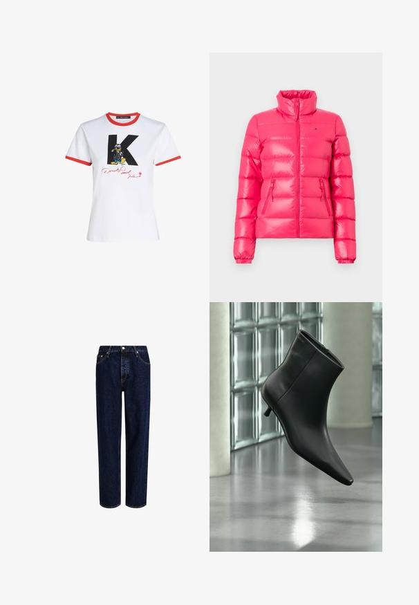 Vatteret jakke i klar pink med høj krave, lynlås foran og elastiske manchetter. Har to lynlåslommer i siden. Skinnende, glat tekstur.; Hvid bomulds t-shirt med rød halsudskæring og ærmekanter. Har et sort 'K' og en Donald Duck grafik med en signatur i rød.; Mørkeblå denim jeans med lige ben-design, der har høj talje, fem-lomme-stil og kontrastsyninger. Ingen dekorationer.; Sort læderankelstøvle med spids tå og lav kitten-hæ, vist vinklet mod en poleret gulv- og glasblokvæg.