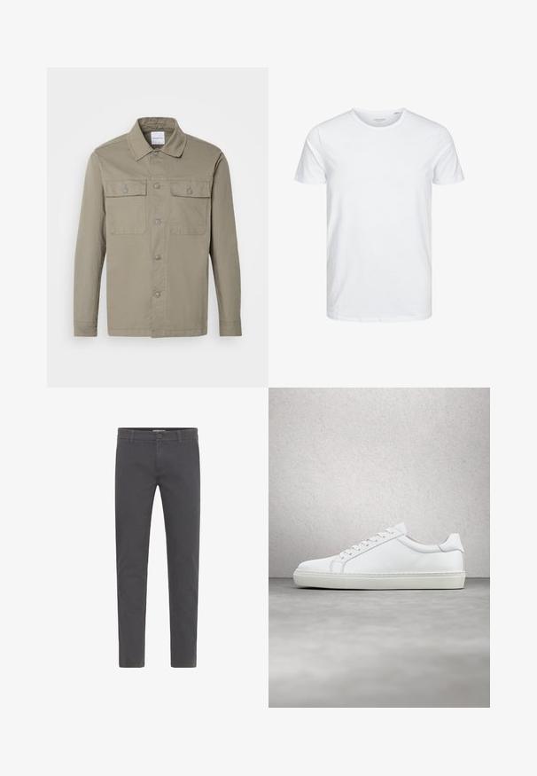 Chemise vert olive à manches longues avec col et deux poches poitrine à boutons, étalée à plat sur un fond clair.; T-shirt à col rond à manches courtes de couleur blanche unie, fabriqué en coton doux, avec un design simple sans motifs ni accents visibles.; Pantalons gris, ajustés, fabriqués en coton doux. Dotés d'une fermeture à bouton, de passants de ceinture et d'un design épuré et contemporain. Sans motifs visibles.; Sneaker blanche avec une tige en cuir lisse et un profil bas. Présente un bout arrondi, six œillets et une semelle en caoutchouc texturé.