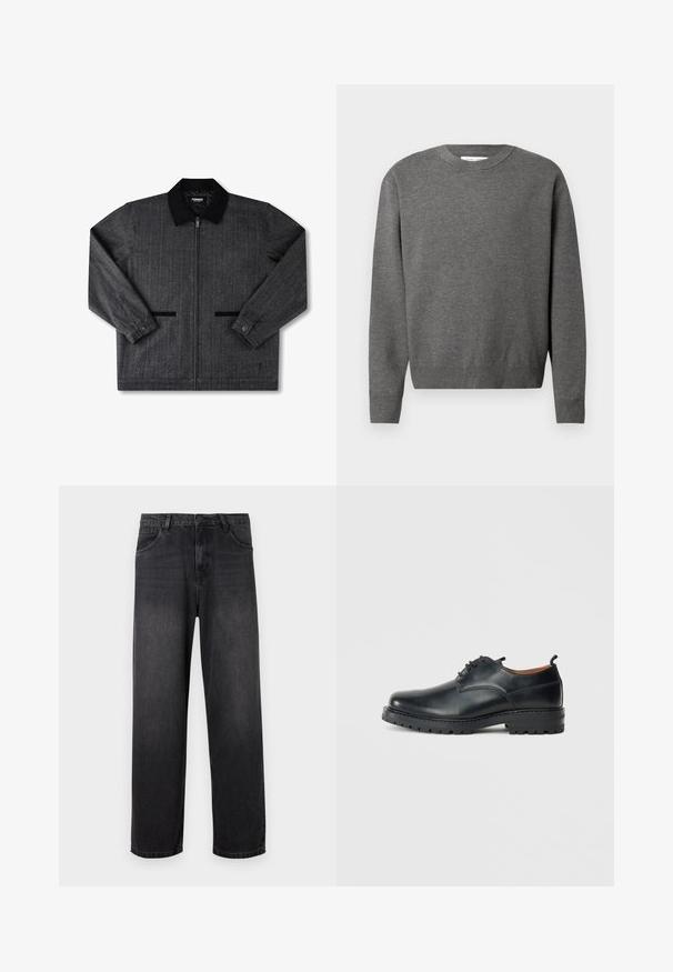 Chaqueta de franela gris con un collar negro, cierre frontal con cremallera, dos bolsillos laterales y puños abotonados. Tejido texturizado con un patrón sutil.; Suéter gris de cuello redondo fabricado en un suave tejido de punto. Presenta mangas largas y puños y dobladillo acanalados. Diseño minimalista sin logotipos visibles.; Jeans de denim gris oscuro con un diseño de pierna recta, que cuentan con un cierre de cremallera, cinco bolsillos y sutiles detalles de desvanecimiento en la tela.; Zapatos derby de cuero negro con una textura suave, punta redondeada, diseño de cordones y una suela de goma gruesa y resistente.