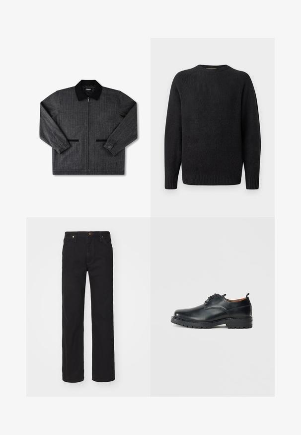Grå flanneljakke med sort krave, frontlynlås, to sidelommer og knapmanchetter. Tekstureret stof med subtilt mønster.; Sort strikket sweater med rund hals, ribbet tekstur og lange ærmer. Simpelt design uden synlige logoer eller udsmykninger.; Sorte denimjeans med lige ben, forlommer, bæltestropper og knaplukning på ensfarvet baggrund.; Sorte læder derby-sko med en glat overflade, rund tå, snøre-design og en tyk, robust gummisål.