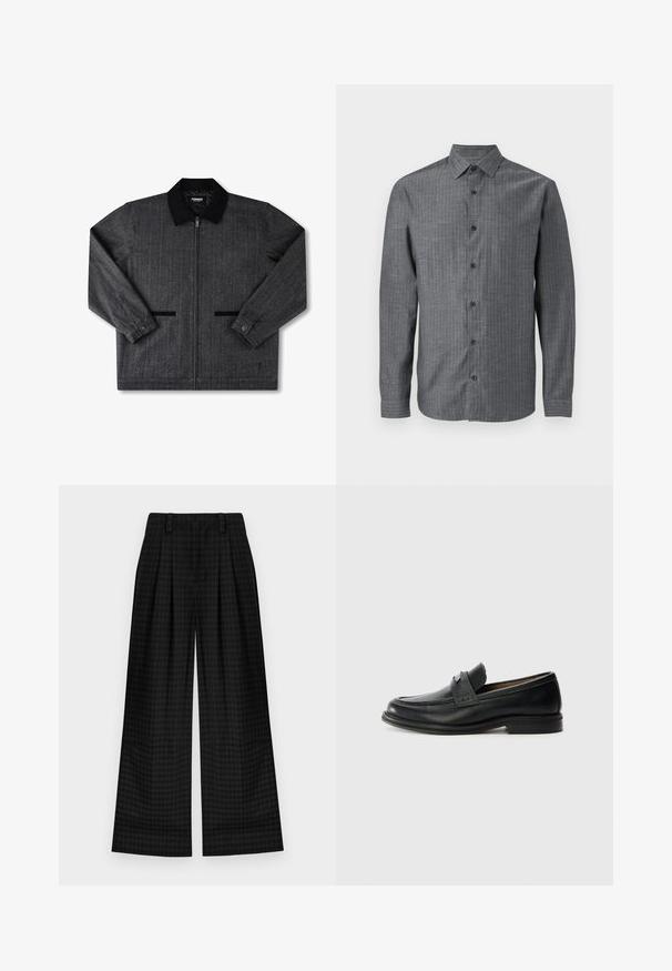Grijze flanellen jas met een zwarte kraag, ritssluiting aan de voorkant, twee zijzakken en met knopen afgewerkte mouwen. Gestructureerde stof met een subtiel patroon.; Grijze button-up shirt van textuurstof, voorzien van een kraag, lange mouwen en een volledige knoopsluiting met donkere knopen.; Zwarte geruite wijde broek met plooien, voorzien van een gladde textuur en klassiek ontwerp. Lichtgewicht stof voor comfort.; Zwarte lederen instappers met een gladde afwerking, voorzien van een gestructureerde bovenband, lage hak en minimale stiksel-details.