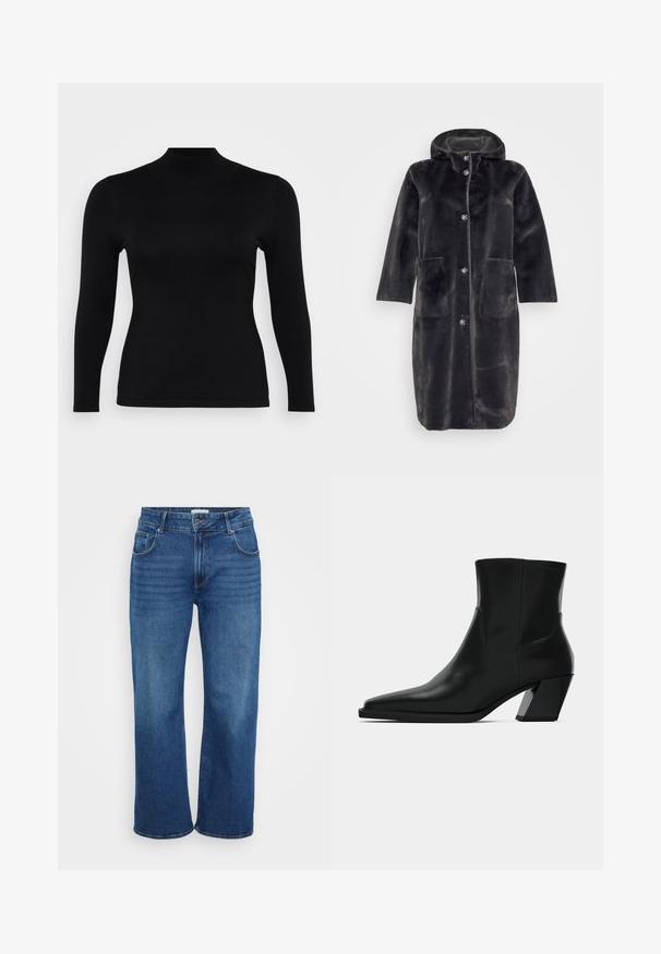 Sort faux fur frakke med hætte, front knaplukning og to lommeposer. Materialet har en blød, plysset tekstur.; Sort langærmet turtleneck top lavet af blødt, glat stof. Slim fit med høj hals og lige kant, præget af minimale sømme og uden mønstre.; Bredde ben jeans i mørkeblå denim. Har fem lommer, bælteskydere og svag falmning langs benene. Glat tekstur med en standart pasform.; Sortlæder ankelstøvle med spids tå, en slank silhuet og en kraftig firkantet hæl. Glat tekstur med minimale stikninger.
