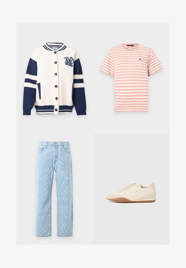 Cardigan blanc et bleu marine à boutons, manches rayées, col et ourlet côtelés, deux poches avant, avec logo bleu marine brodé sur la poitrine.; T-shirt à manches courtes à rayures roses et blanches avec col rond et petit logo papillon noir brodé sur le côté gauche de la poitrine.; Jeans droit light blue avec un motif subtil de rayures zèbres, fermeture par bouton et zip, et design à cinq poches.; Baskets beige clair avec une tige en cuir texturé, des panneaux latéraux texturés et une semelle en caoutchouc. Dotées d'un design fin et épuré ainsi que de lacets plats.
