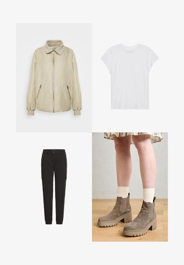 Marc O'Polo JACKET COLLAR AND CUFFS ZIPPER POCKETS - Overgangsjakke - jonesboro cream; Hvid kortærmet t-shirt med rund hals, afslappet pasform, lavet af blødt bomuldsstof. Glat tekstur, ingen mønstre eller logoer.; Sorte cargo-bukser lavet af letvægtsstof, med elastisk talje, sidelommer og en afslappet pasform.; Tamaris Plateaustøvletter - taupe