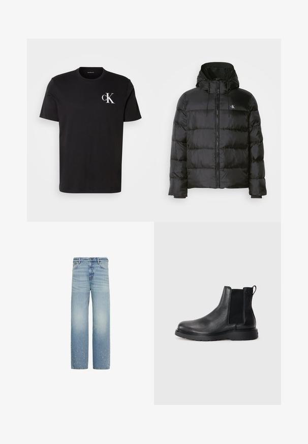 Schwarze Puffjacke mit Kapuze, mit einem Reißverschluss vorne, gesteppten Paneelen, elastischen Bündchen und einem kleinen Logo auf der linken Brust.; Schwarzes Baumwoll-T-Shirt mit kurzen Ärmeln und einem weißen "ck"-Logo auf der linken Brust. Rundhalsausschnitt und gerader Saum.; Hellblaue Jeans mit geradem Bein, dezent ausgewaschen und kleinen distressed Stellen nahe dem unteren Saum an beiden Beinen.; Schwarze Leder-Chelsea-Boots mit strukturiertem Finish, elastischen seitlichen Einsätzen und einer robusten Gummisohle. Dezentes Branding an der Ferse.