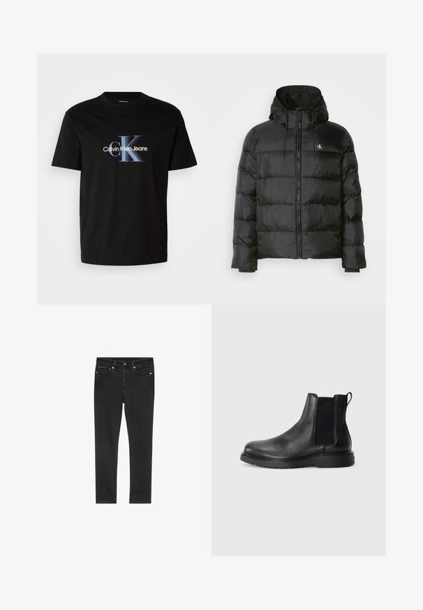 Chaqueta de plumas negra con capucha, que presenta un cierre frontal con cremallera, paneles cosidos, puños elásticos y un pequeño logo en el lado izquierdo del pecho.; Camiseta de algodón negra con un destacado logo "CK" en azul y blanco y el texto "Calvin Klein Jeans" debajo, de mangas cortas y con cuello redondo.; Pantalones vaqueros de mezclilla negra con un corte slim, que cuentan con cuatro bolsillos, cierre con botón metálico y detalles de desgaste ligero. Textura suave y diseño clásico.; Botas Chelsea de cuero negro con acabado texturizado, paneles laterales elásticos y una suela de goma resistente. Marca sutil en el talón.