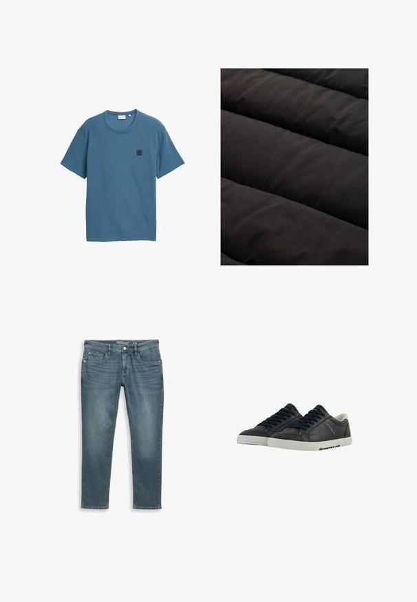 Schwarzer, gestepptes Gewebe mit ausgeprägten, gepolsterten Kanälen. Glatte Textur mit matter Oberfläche und einheitlicher Farbe. Keine sichtbaren Muster oder Akzente.; Blaues kurzärmliges T-Shirt aus strukturiertem Stoff, mit einem runden Halsausschnitt und einem quadratischen Logo-Patch auf der linken Brust.; Jeans aus Denim in Hellblau, gerade geschnitten. Verfügt über fünf Taschen, einen Knopfverschluss, Gürtelschlaufen und leichte Ausbleichungen für Struktur.; Marineblaue Leder-Sneaker mit weißen Gummisohlen, runder Spitze und schwarzen Schnürsenkeln. Subtile Texturen und Branding an den Seiten. Lässiges Design.