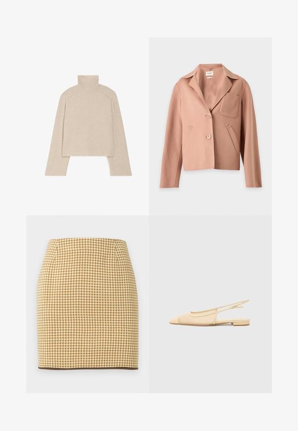 Chaqueta de mujer marrón claro de mezcla de lana con cuello de muesca, dos botones, un bolsillo en el pecho y dos bolsillos laterales.; Suéter de punto acanalado beige de cuello alto con mangas largas y un diseño ajustado, que presenta un collar alto y un patrón de punto texturizado.; Falda lápiz con patrón de pata de gallo en tonos beige y marrón, con una silueta ajustada y ribete marrón oscuro en el dobladillo.; Zapato plano tipo slingback en beige claro con parte superior de malla, punta afilada y tacón bajo. Cuenta con una correa ajustable para un mejor ajuste.