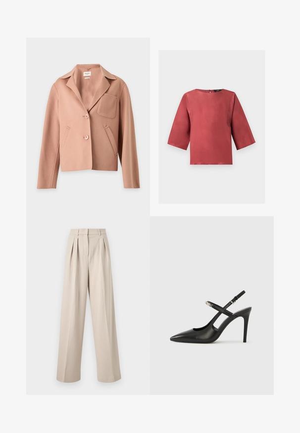Veste femme marron clair en mélange de laine avec col cranté, deux boutons, une poche poitrine et deux poches latérales.; Blouse en satin couleur rouille avec manches trois-quarts et encolure ronde, présentée sur un fond blanc uni.; Pantalon large beige taille haute avec plis à l'avant, passants pour ceinture et fermeture avant dissimulée.; Escarpins slingback en cuir noir avec bout pointu, design ajouré et bride ajustable ornée de ferrures métalliques.