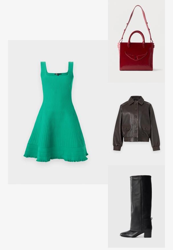 Veste en cuir marron foncé avec devant à boutons, deux poches à rabat boutonnées, poignets élastiques et ceinture, présentée sur fond uni.; Robe turquoise sans manches, longueur genou, en maille côtelée, avec un décolleté carré, un bustier ajusté, une jupe évasée et un ourlet à volants.; Bottes noires en cuir, montantes jusqu'au genou, avec une finition lisse, un bout carré, un talon carré et un détail de lacet sur le côté pour un ajustement réglable.; Sac à main en cuir rouge avec double poignées et bandoulière réglable, présentant un motif d'ailes embossé sur le panneau avant.