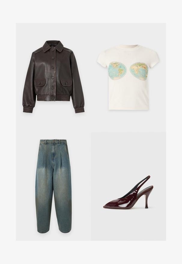 Veste en cuir marron foncé avec devant à boutons, deux poches à rabat boutonnées, poignets élastiques et ceinture, présentée sur fond uni.; T-shirt blanc à manches courtes avec deux impressions de cartes du monde de style vintage placées sur la poitrine.; Jean en denim bleu à taille haute, coupe ample, avec des plis, une fermeture avant à boutons et fermeture éclair, et des poches latérales.; NEOUS HAMAL - Escarpins à talons hauts - dark chocolate
