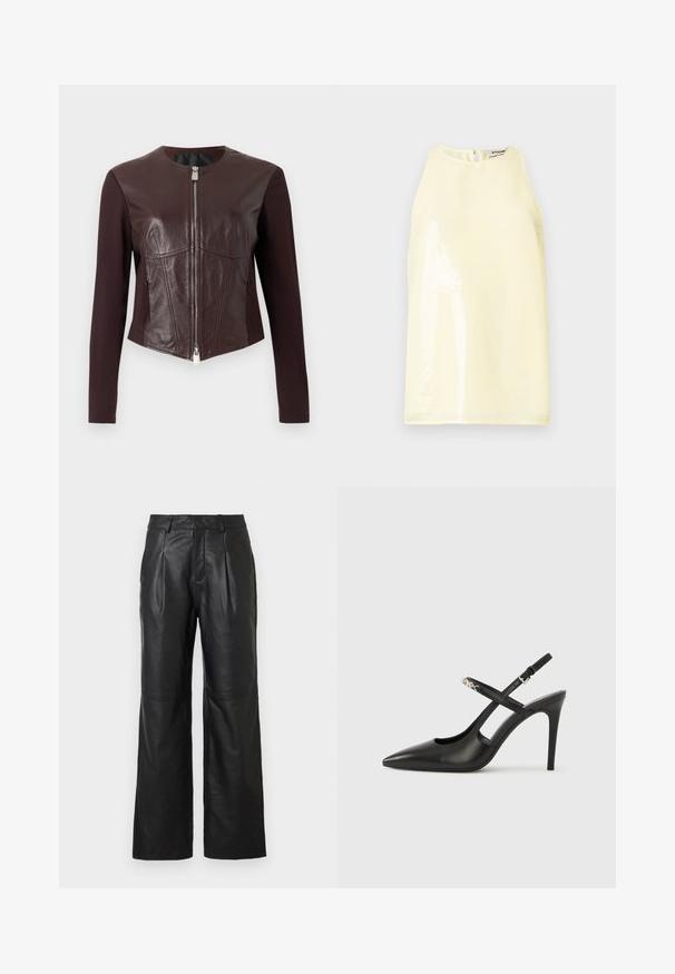 Veste ajustée brun foncé avec des manches longues en tissu, des panneaux avant en cuir et une fermeture éclair double argentée au centre.; Haut sans manches de couleur jaune clair avec une texture lisse, doté d'un panneau brillant à l'avant et d'une petite fermeture éclair au dos.; Pantalon en cuir noir avec une coupe à jambes larges, doté de plis sur le devant et d'une texture lisse. Sans fermetures visibles ni ornements.; Escarpins slingback en cuir noir avec bout pointu, design ajouré et bride ajustable ornée de ferrures métalliques.