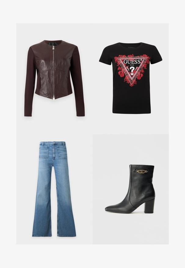 Veste ajustée brun foncé avec des manches longues en tissu, des panneaux avant en cuir et une fermeture éclair double argentée au centre.; T-shirt en coton noir avec un motif triangulaire floral rouge, accompagné du texte "GUESS U.S.A." et d'un point d'interrogation, manches courtes et col rond.; Jean en denim bleu clair taille haute avec jambes larges évasées, poches plaquées à l’avant, fermeture par boutons et passants de ceinture.; Bottine en cuir noir avec un bout pointu, un talon bloc et un détail en chaîne dorée avec les initiales entrelacées "SM".