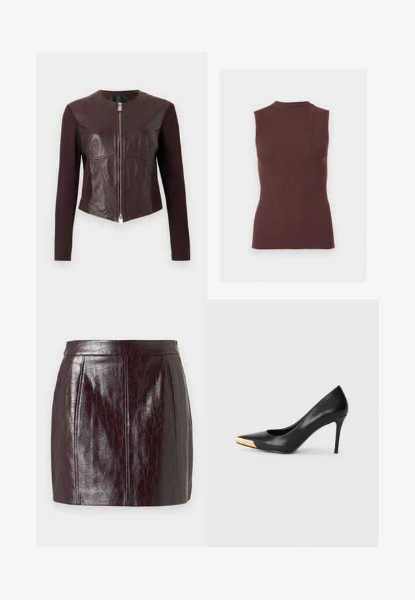 Chaqueta ajustada de color marrón oscuro con mangas largas de tela, paneles delanteros de cuero y un cierre central de doble cremallera plateada.; Top sin mangas de punto acanalado en marrón oscuro con cuello simulado y silueta ajustada.; Falda de poliéster de color burdeos con un patrón texturizado de cocodrilo, que presenta una cintura alta y dos costuras verticales para darle estructura.; Zapato de tacón alto de cuero negro con puntera afilada; presenta un detalle metálico dorado en la tapa del tacón. Superficie lisa con un diseño elegante.