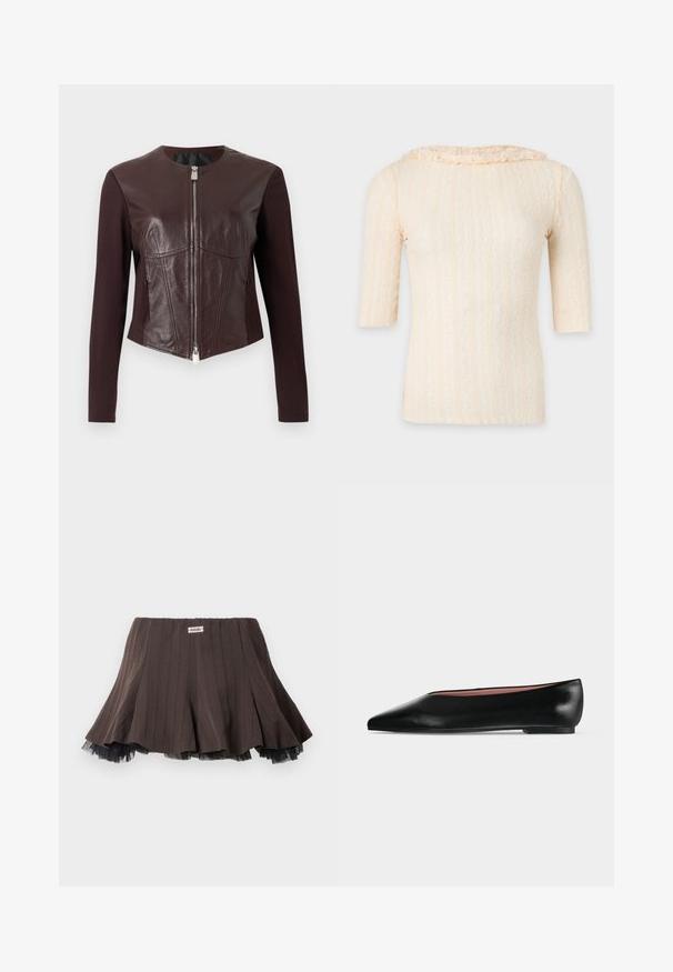 Veste ajustée brun foncé avec des manches longues en tissu, des panneaux avant en cuir et une fermeture éclair double argentée au centre.; Haut en dentelle couleur crème à manches jusqu’aux coudes et encolure subtilement volantée, présenté sur un fond uni clair.; Jupe plissée marron en tissu texturé, avec un ourlet en tulle noir superposé et une petite étiquette de logo à la taille.; Chaussure plate en cuir noir pour femme, avec bout pointu et petit talon, vue de côté sur un fond gris clair uni.