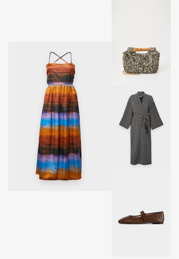Sort og hvid kimono-stil morgenkåbe med et diamantskema, sjalkrave, lange ærmer og en bundet talje-bælte. Blød stofstruktur.; Maxikjole i flerfarvet stof med orange, sort, lilla og blå vandrette striber; justerbare spaghetti-stropper; samlet talje.; Brun flad Mary Jane-sko i læder med rund spænde og sort sål på en lysegrå baggrund.; Vævet taske med et struktureret sort og creme mønster, bambushåndtag og en aftagelig guldkæde-strop. Kompakt rektangulær form.