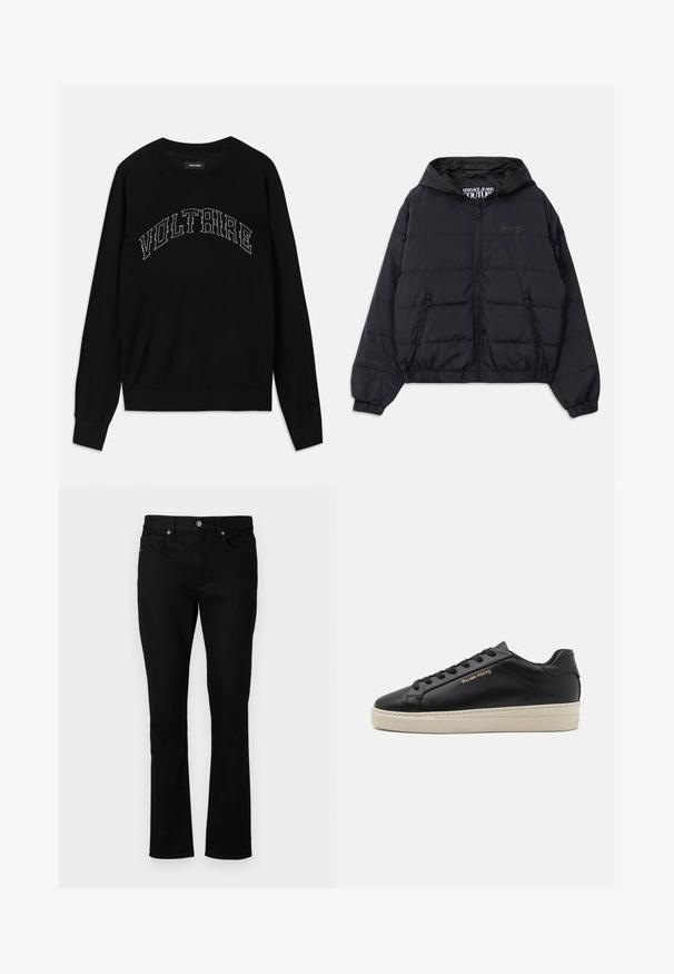 Sort polstret jakke med hætte, der har en frontlynlås, elastiske ærmer og sidelommer. Diskret logo på brystet og ribbet kant.; Sort sweater med rund hals og lange ærmer. "VOLTAIRE" i kontrasterende syning hen over brystet. Blød tekstur og tætsiddende design.; Sorte denim jeans med lige ben, der har en mid-rise talje, fem lommer og metalhardware detaljer. Glat tekstur.; Sorte lædersneakers med en glat finish, kontrasterende cremefarvet sål, rund tå, guld logo på siden og seks huller til snørebånd.