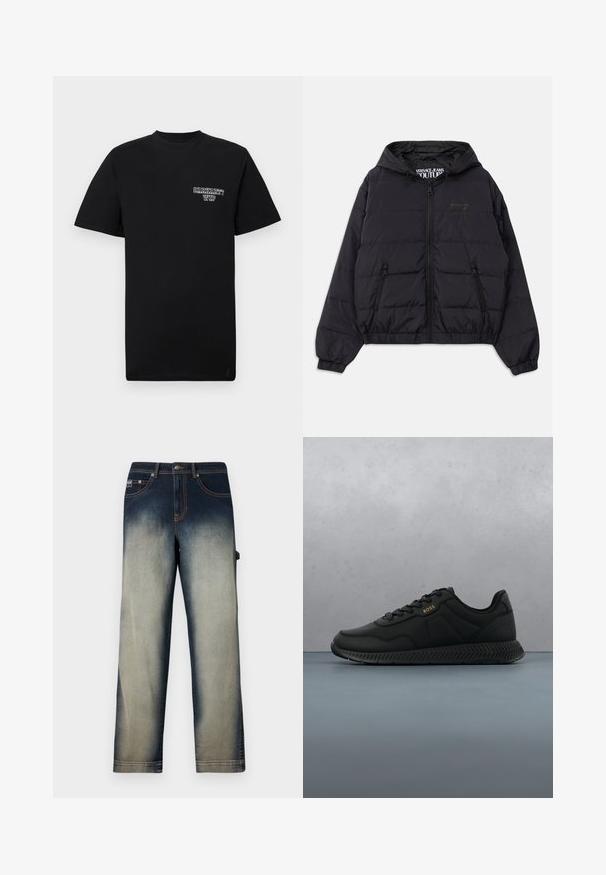 Schwarze gepolsterte Jacke mit Kapuze, ausgestattet mit einem vorderen Reißverschluss, elastischen Bündchen und Seitentaschen. Dezentes Logo auf der Brust und gerippter Saum.; Schwarzes Baumwoll-T-Shirt mit kurzen Ärmeln und Rundhalsausschnitt, ausgestattet mit einem weißen Drucklogo auf der linken Brust. Glatte Textur, normale Passform.; Gerade geschnittene Denim-Jeans mit verblasstem Effekt von dunkelblauem Bund zu hellblauen Beinen, ausgestattet mit Fronttaschen und Gürtelschlaufen.; Schwarze Sportsneaker mit einem glatten Textil-Obermaterial, Gummisohle und subtiler geprägter Detailierung. Verfügt über ein Schnürdesign und minimalen Markenaufdruck.